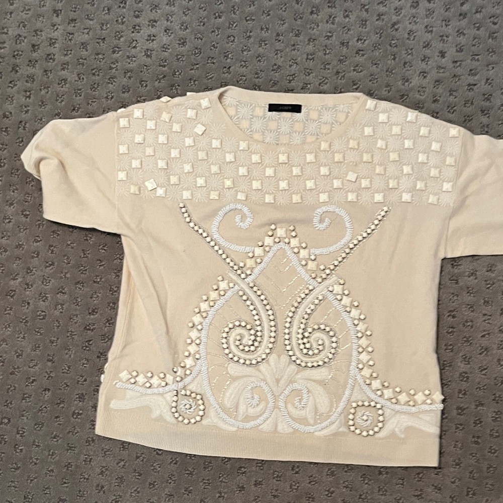 J. Crew Beige Embellished Short Sleeve Sweater.
